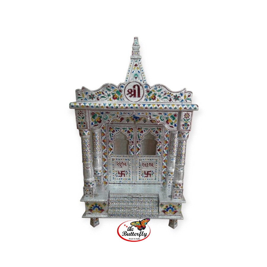 Wooden pooja mandir with silver mina work