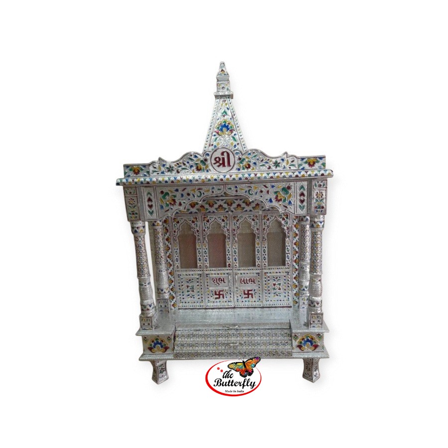 40 inch wooden pooja temple with silver mina design