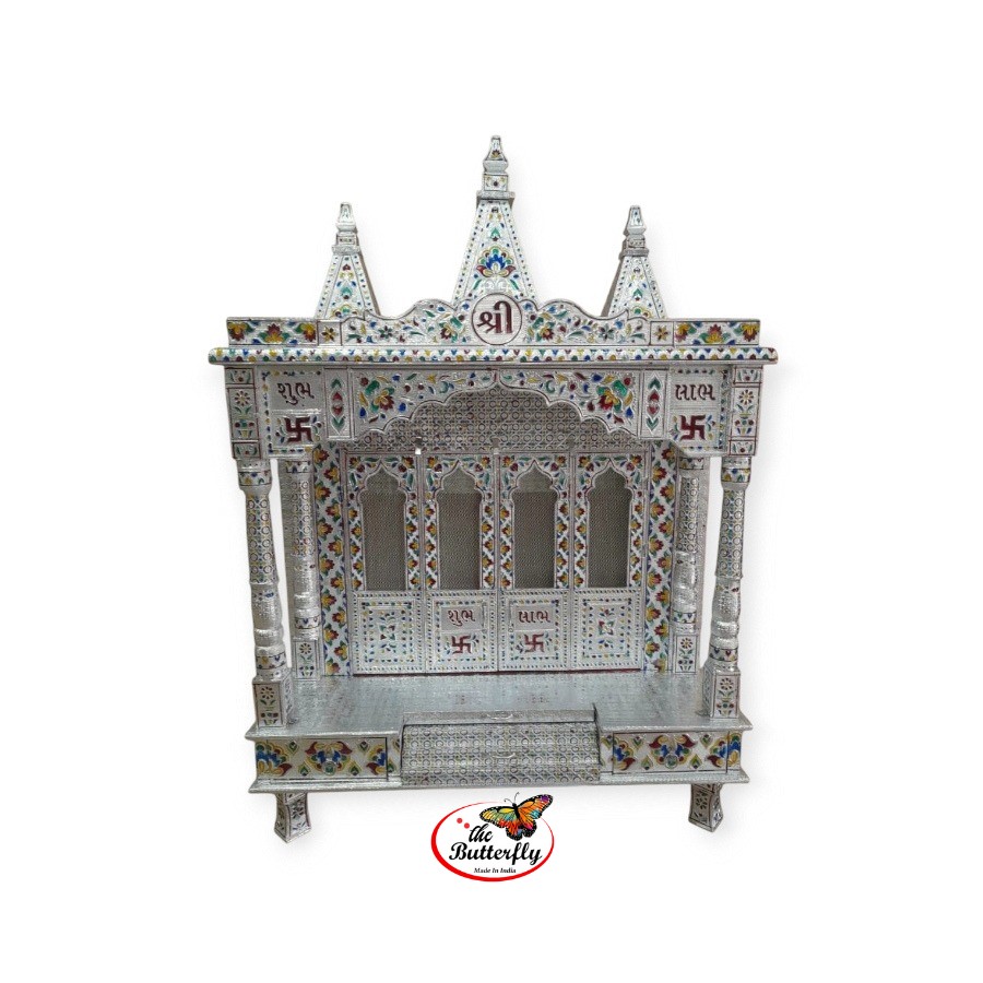 Traditional wooden mandir with silver finish