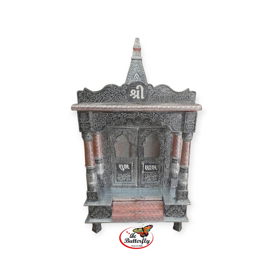 wooden pooja mandir with silver oxidized finish