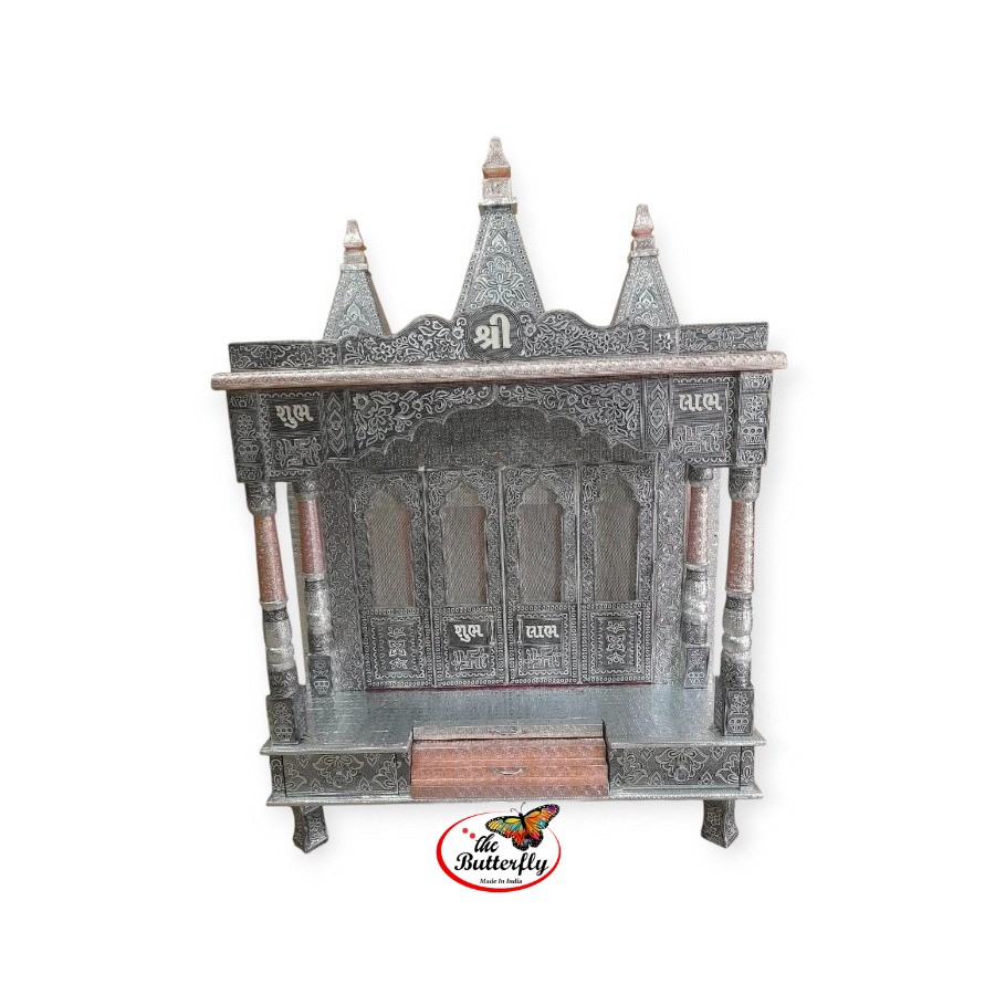 42 inch wooden pooja temple in silver oxidized design