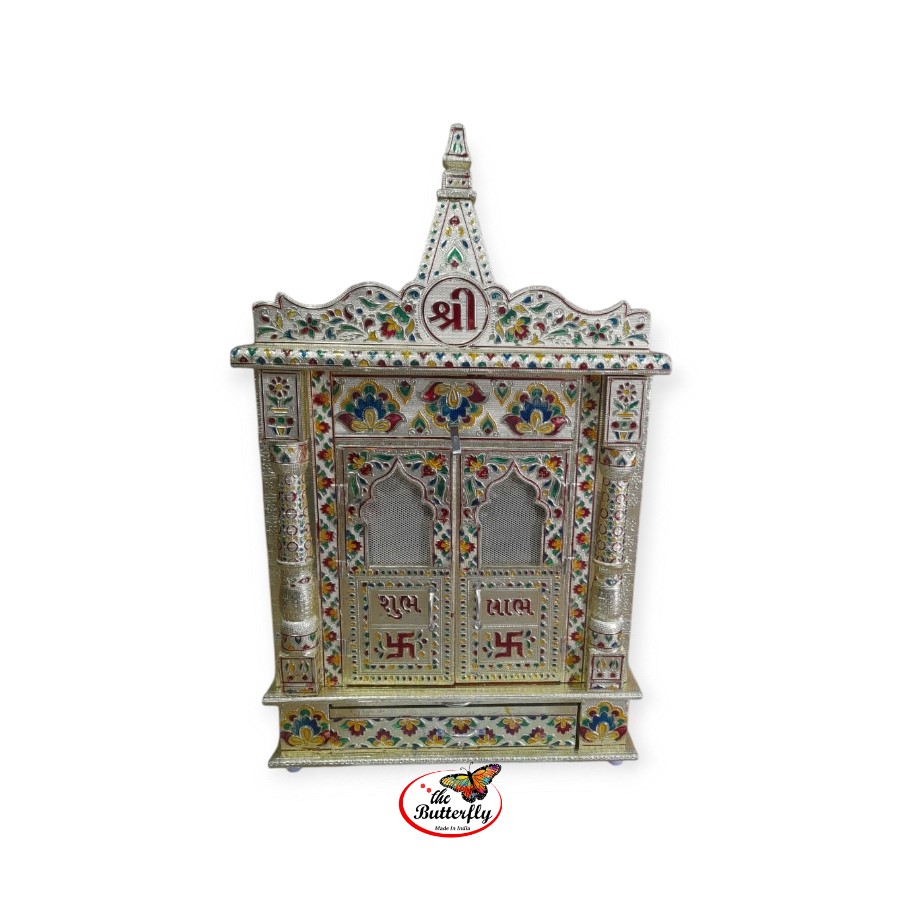 Traditional design wooden mandir with rich gold finish