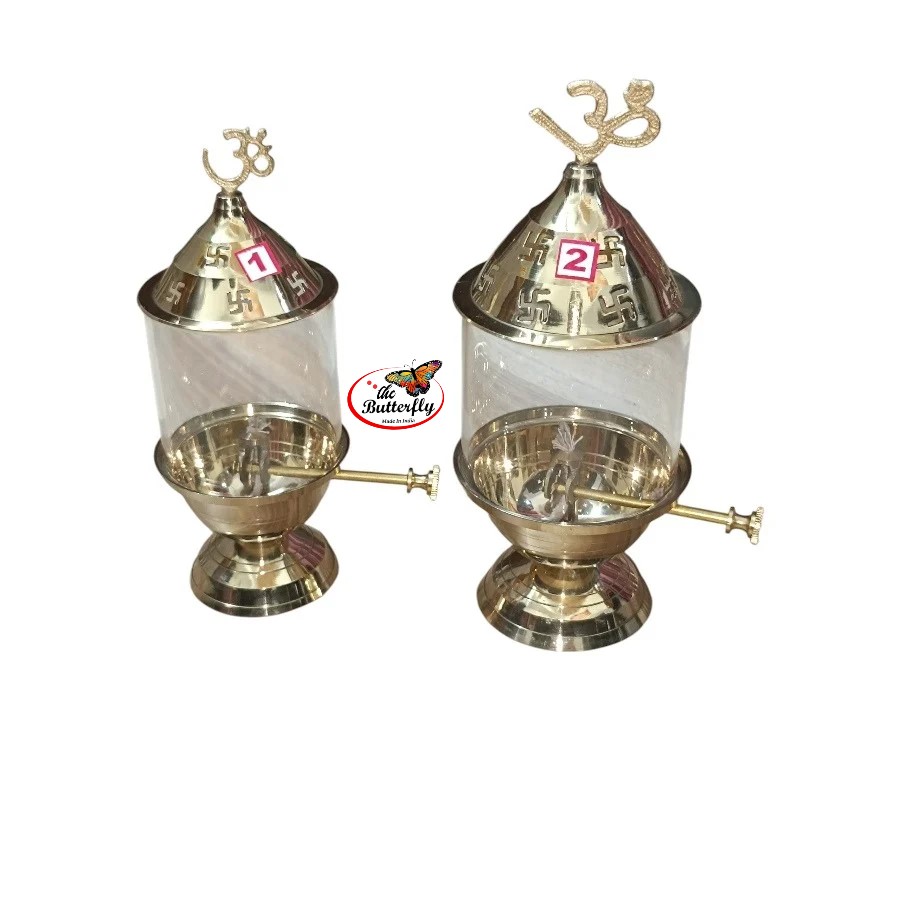 Brass akhand swastik diya with protective glass