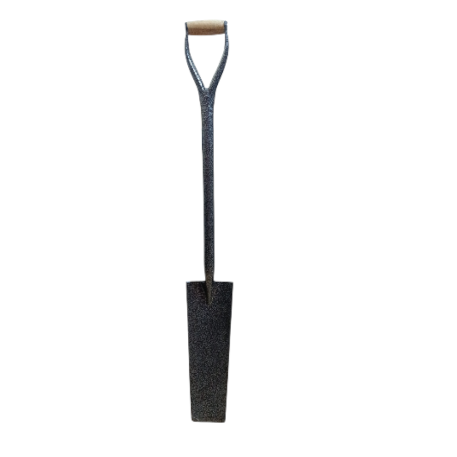 Post hole digging spade with long metal D grip