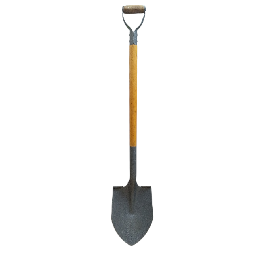 Round shovel with wooden handle and steel grip