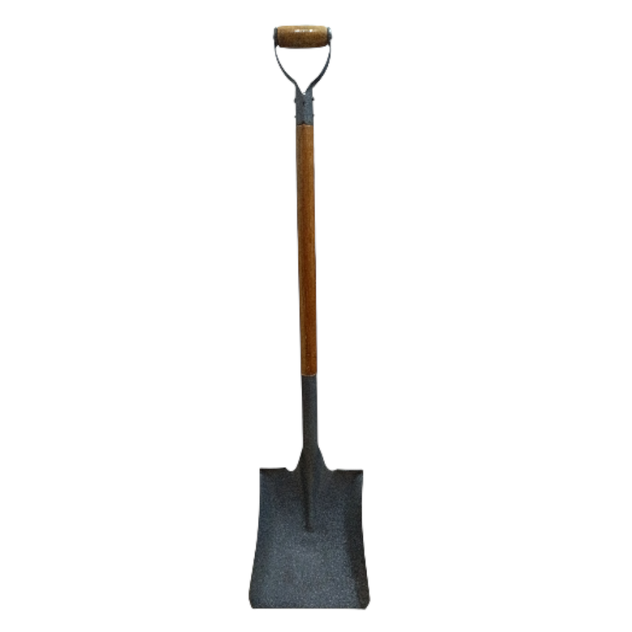 Square shovel with polished wooden handle