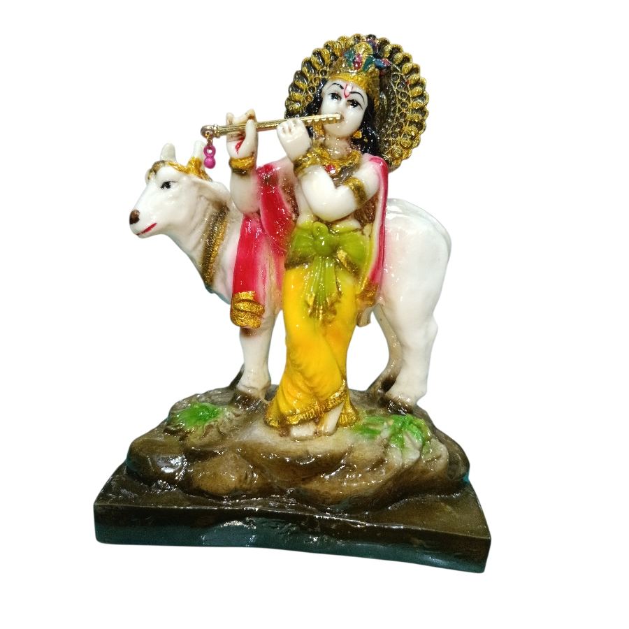 Polystone Krishna with cow statue symbolizing compassion